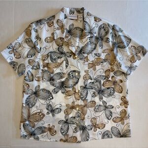 Alfred Dunner VTG short sleeve cream blouse with large brown gray butterflies 14
